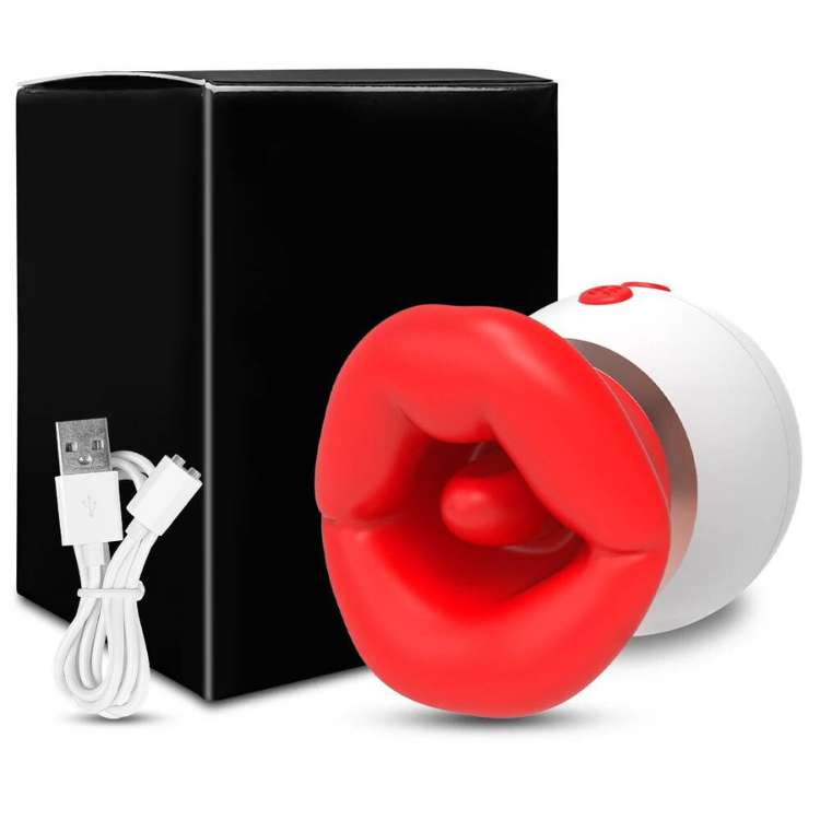 Red-and-white clitoral air-pulse toy beside its black box and USB charging cable