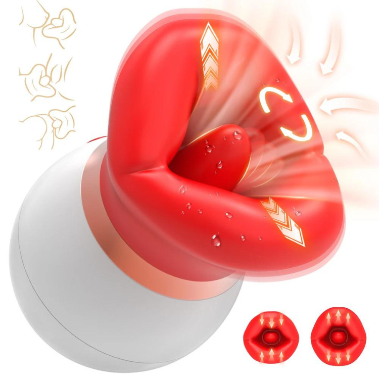 Red clitoral air-pulse toy with a lip-shaped opening on a white rounded base