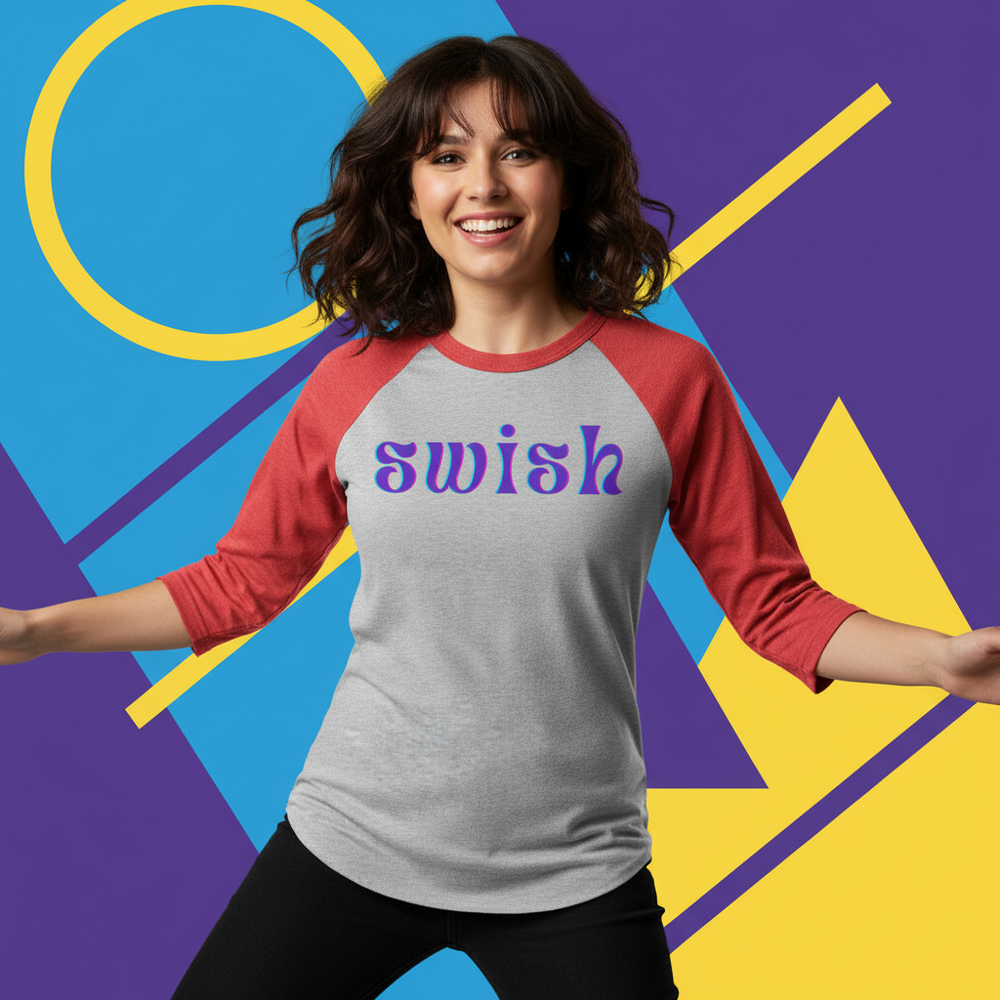 Front-facing model wearing a gray raglan shirt with red three-quarter sleeves and “swish” text