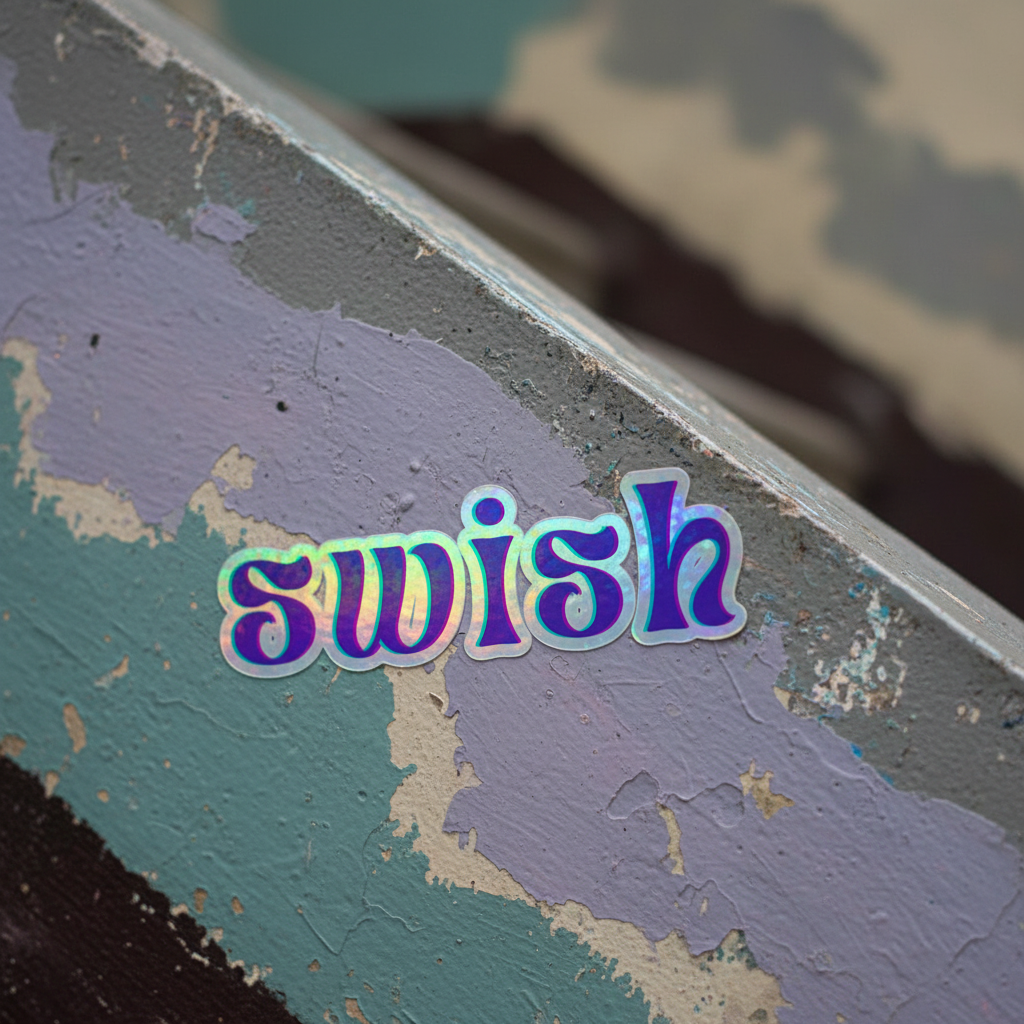 Holographic "swish" sticker with bold, wavy text glows rainbow-bright on cracked blue and beige