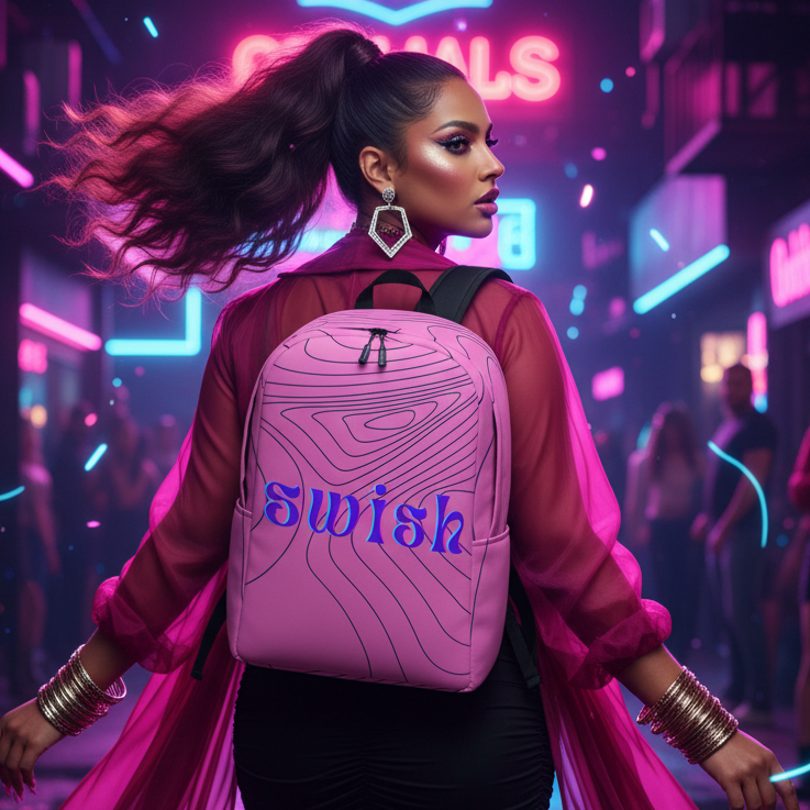 Swish Minimalist Backpack held by a femme in bold makeup, jewelry, and sheer pink jacket on neon-lit