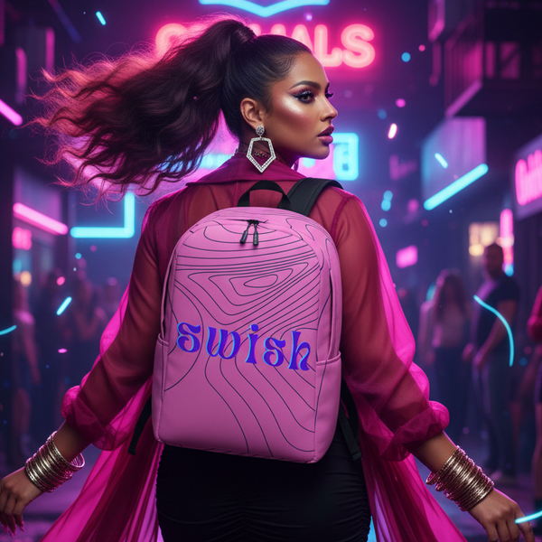 Swish Minimalist Backpack held by a femme in bold makeup, jewelry, and sheer pink jacket on neon-lit
