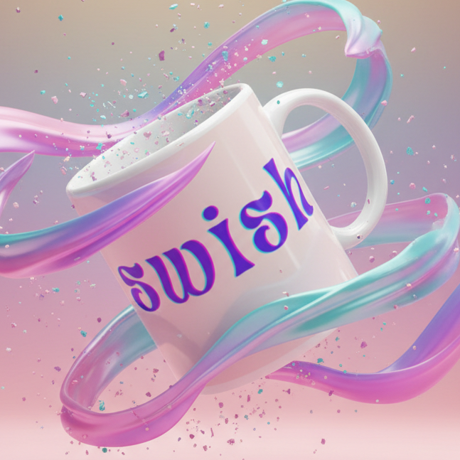 Angled white mug reading “swish,” wrapped in pastel pink, purple, and blue ribbons