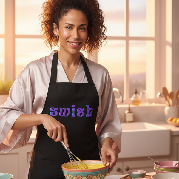 A person in a black Swish Organic Cotton Apron confidently whisks batter in a sunlit kitchen