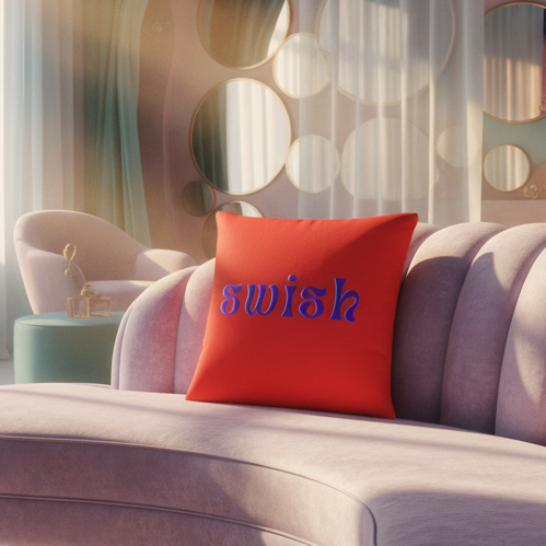 Plush lavender sofa with a “Swish” red pillow in blue and purple letters