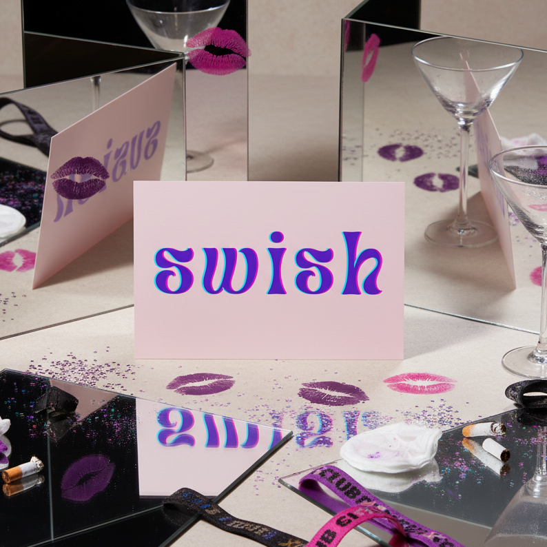 Swish Postcard on a vanity scattered with pink lipstick marks, glitter, queer stickers, used tissues, ribbon, butts, mirrors
