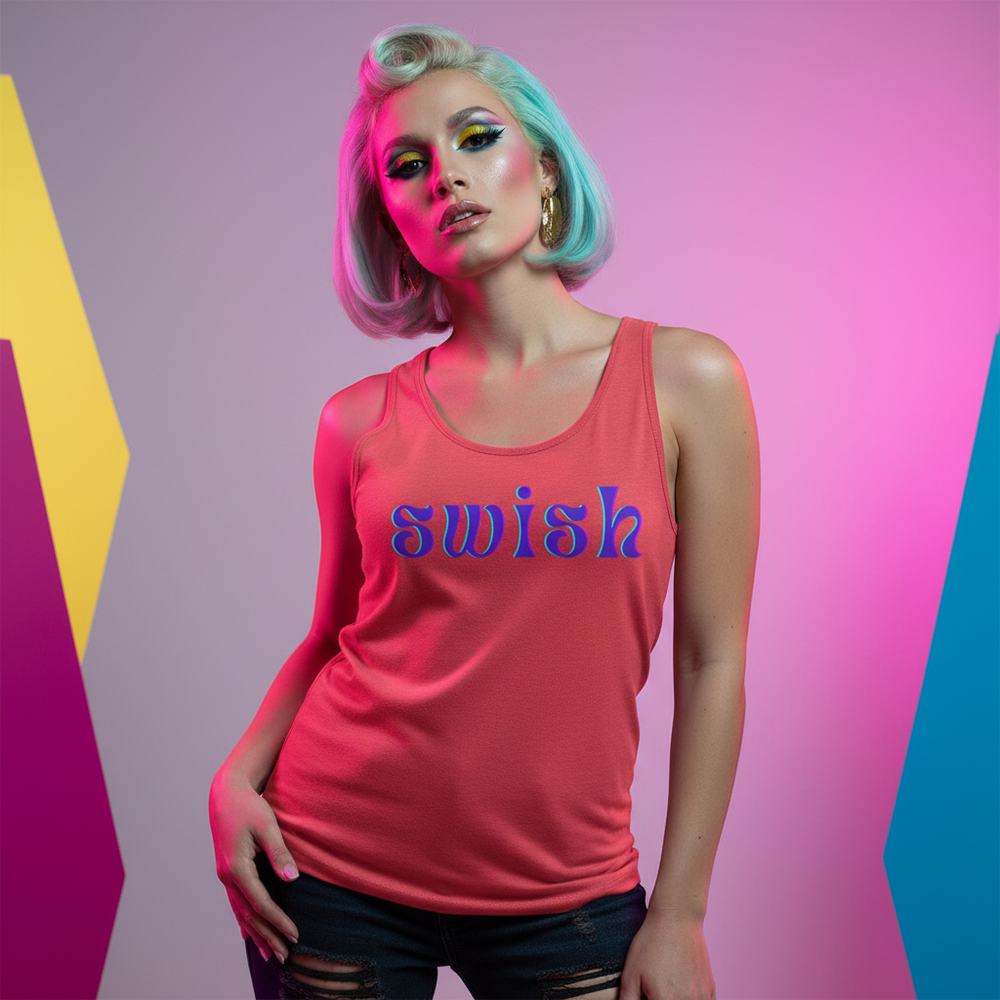 Swish Unisex Tank Top with bold blue "swish" lettering, worn by pastel blue-haired queer babe