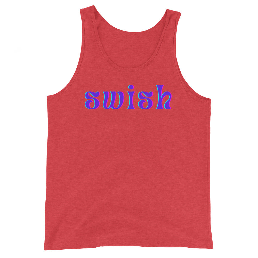 Front view of a red tank top with colorful “swish” lettering across the chest