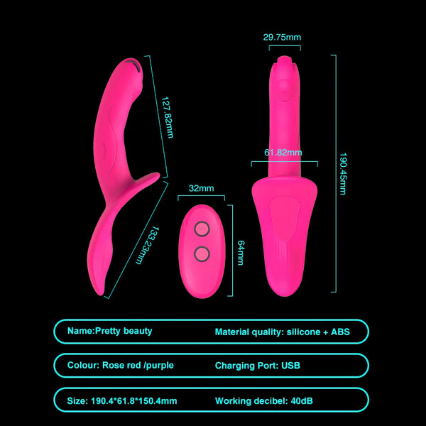 Pink curved vibrating strap-on shown in side and front views with a separate two-button remote