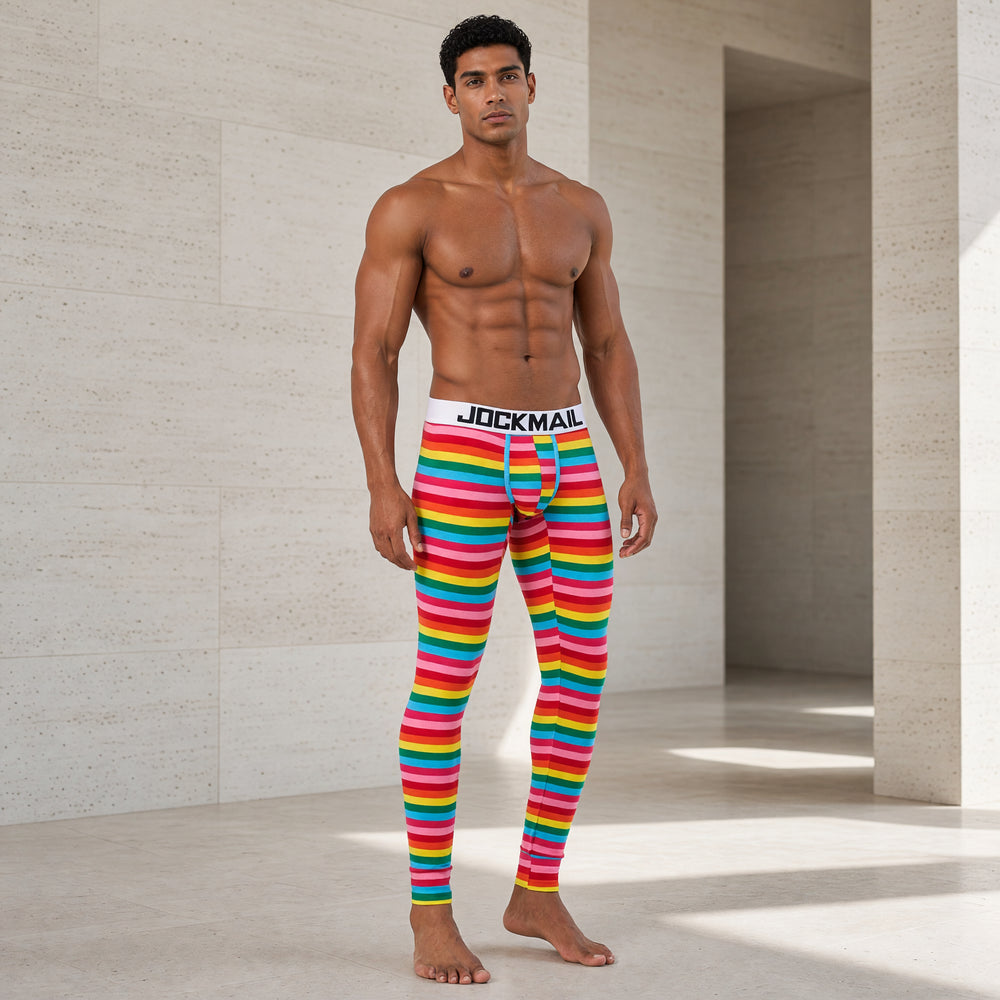 Jockmail Thermal Long Johns / Underwear in Rainbow Striped, worn by an adult man