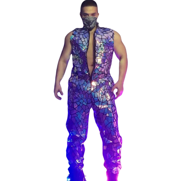 Front-facing model wearing a sleeveless purple-blue mirrored mosaic jumpsuit and glitter mask