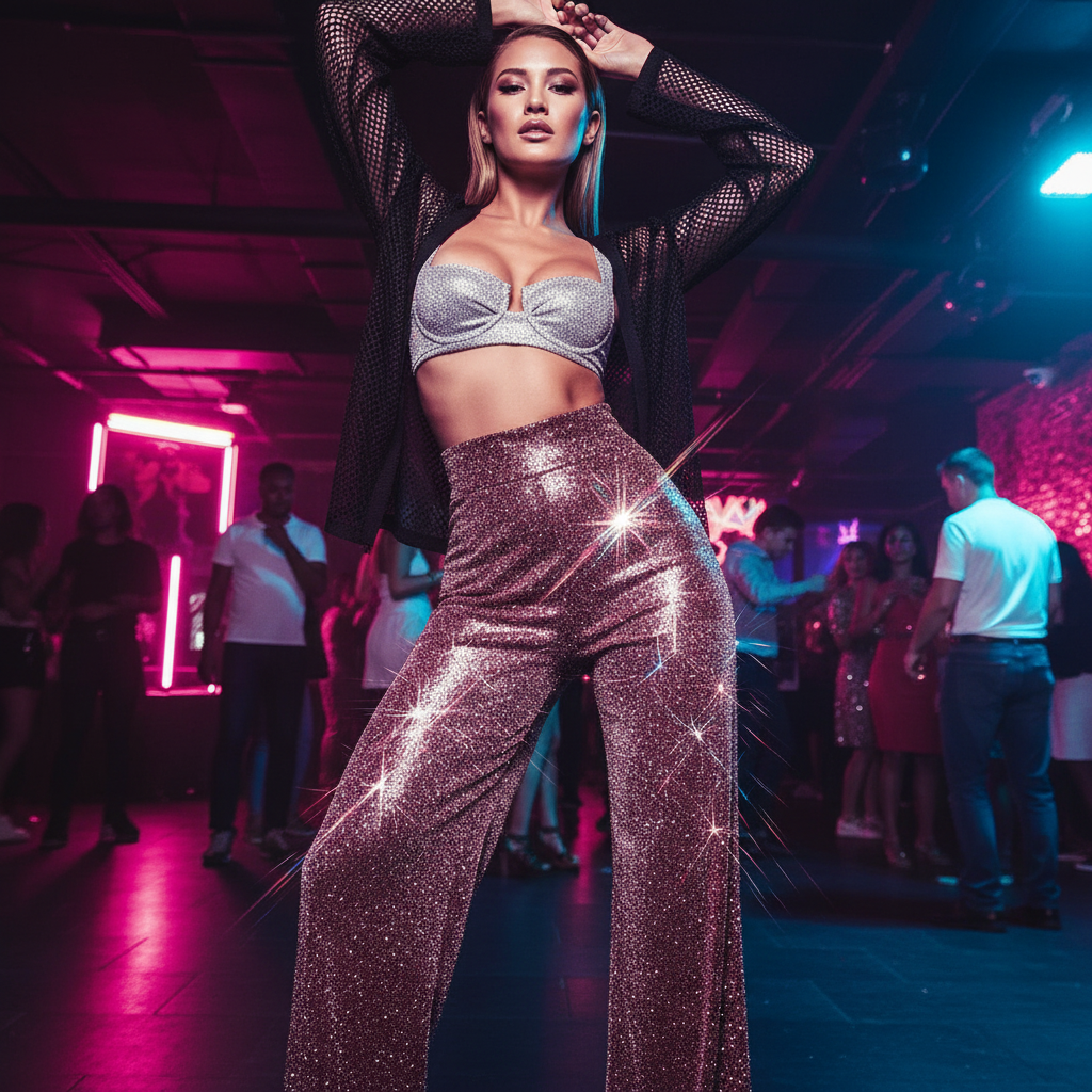 Model wearing high-waisted rose-gold sequin trousers at a neon-lit nightclub