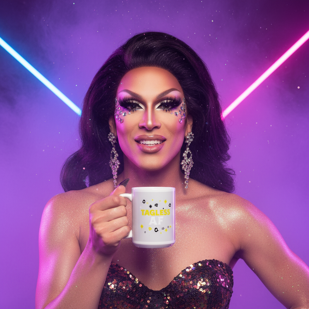 Drag performer holds a white “TAGLESS AF” mug decorated with stars and small icons