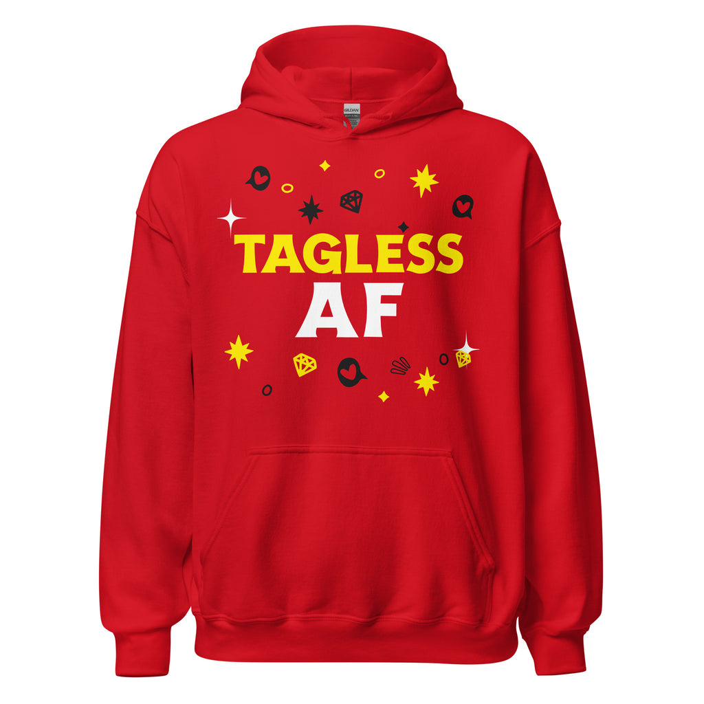 Unisex hoodie in bright red with bold "TAGLESS" (yellow) and "AF" (white), yellow stars, doodles, front pocket, and hood.