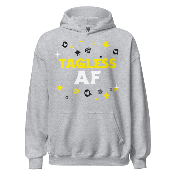 Unisex hoodie in light gray with bold white and yellow 