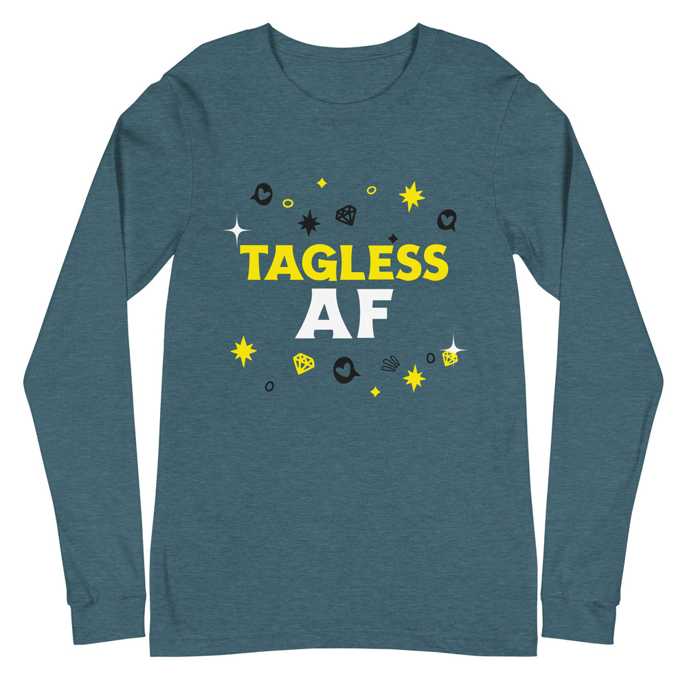 Front view of a teal long-sleeve shirt reading “TAGLESS AF” with colorful stars and icons