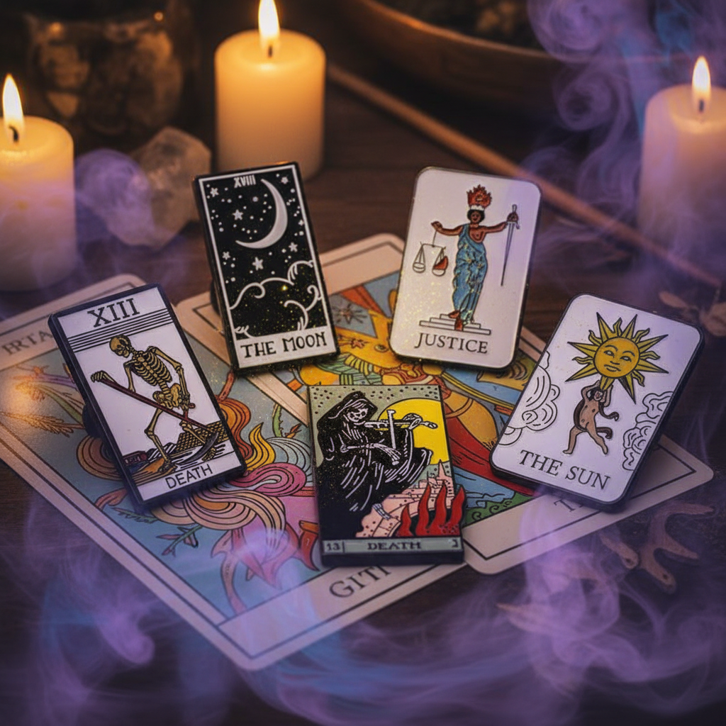 Tarot Card Divination Enamel Pins featuring Death, The Moon, Justice, and The Sun cards amidst candles and crystals