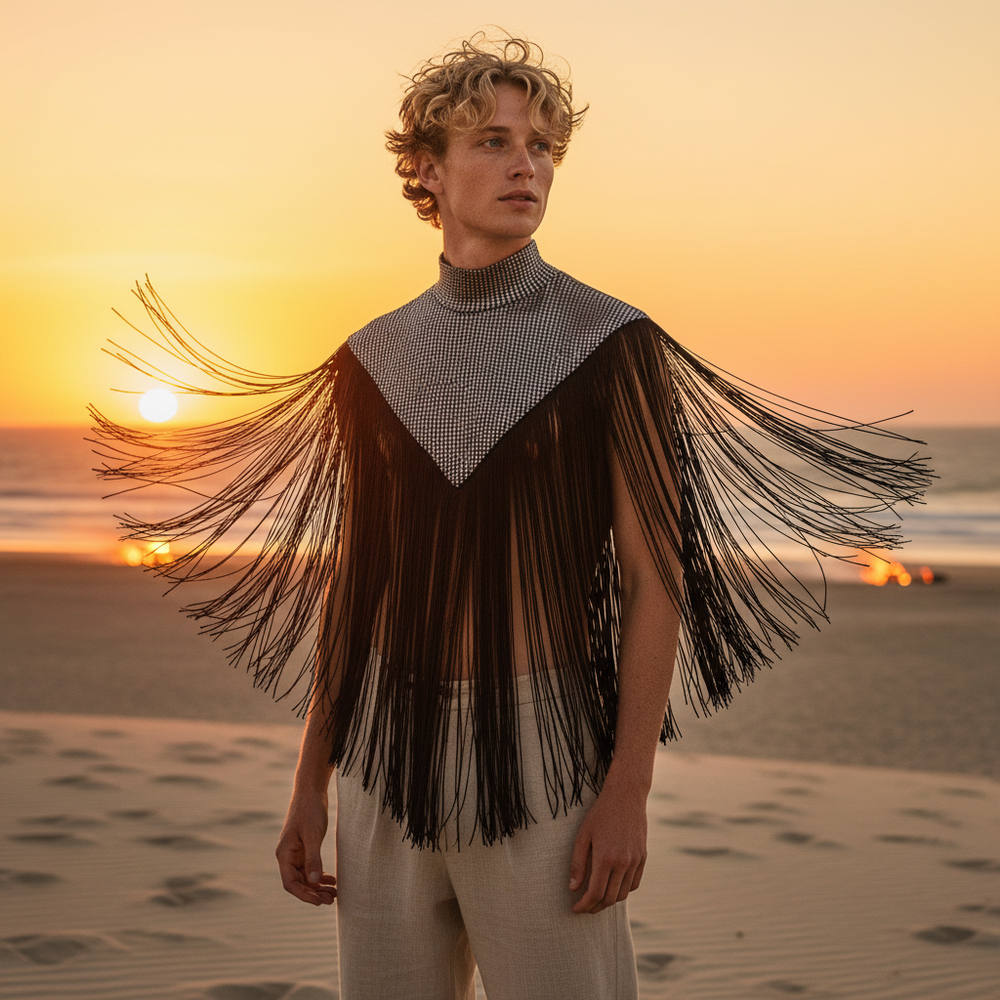 A person with curly blond hair in a Tassel Fringe Men's Fashion Cloak Vest stands on a sandy beach at sunset, ocean glowing