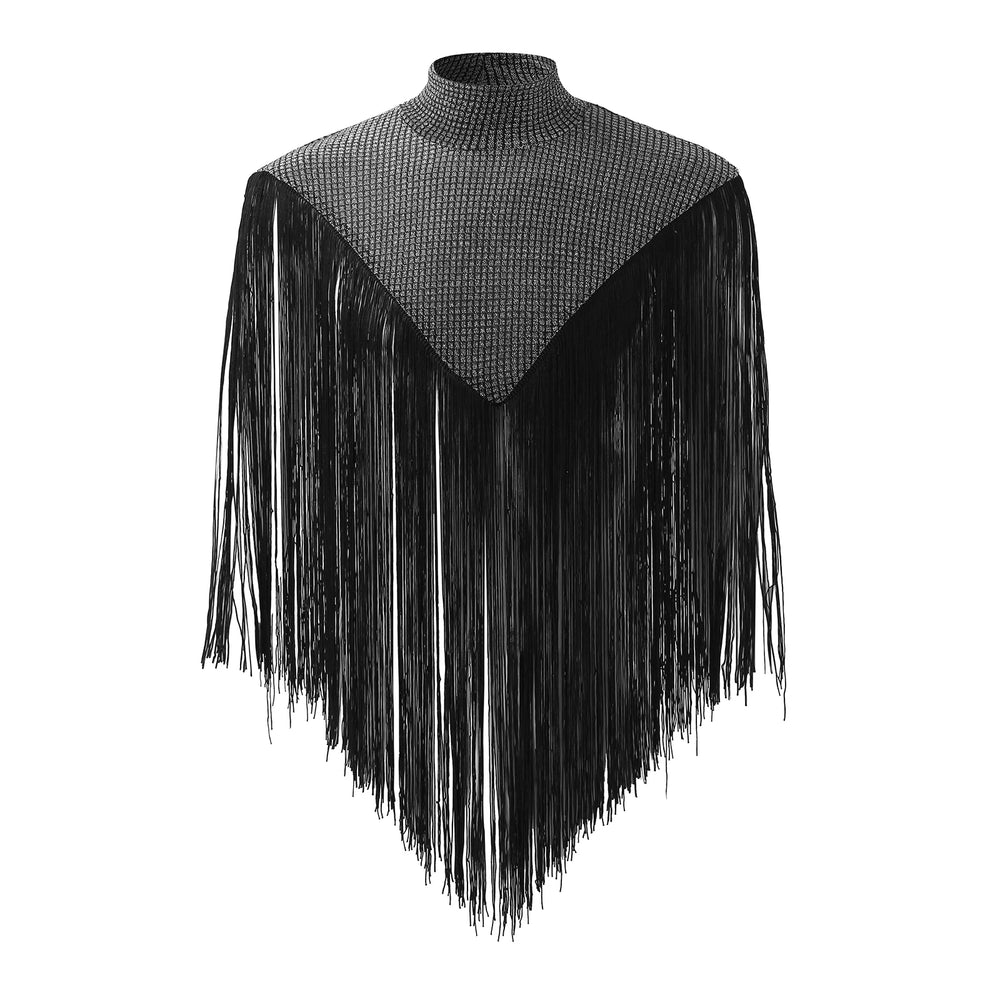 Front view of a black knitted turtleneck vest with long fringe cascading from the shoulders and hem