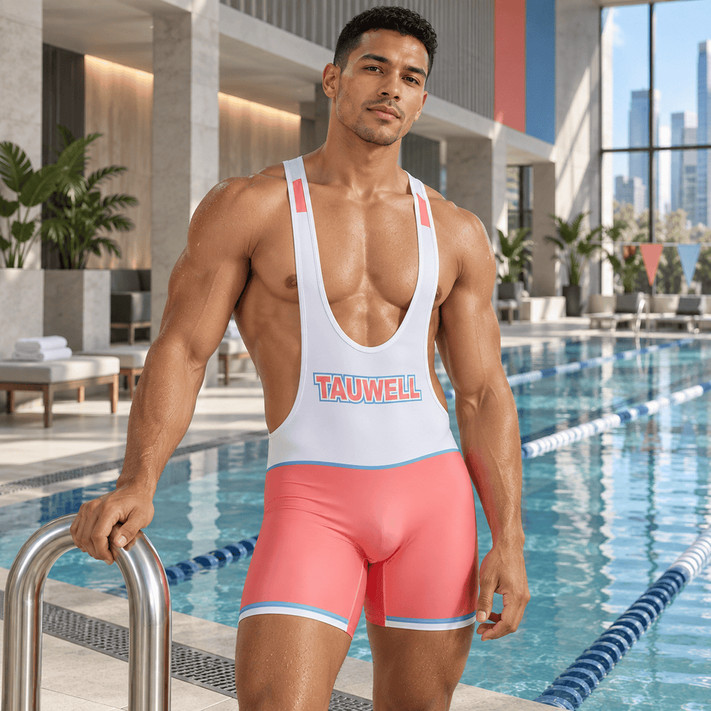 Front view of a person wearing a white and coral one-piece swimsuit by a pool