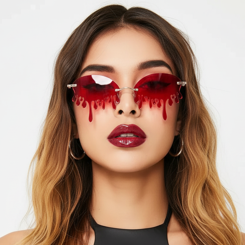 Queer femme with wavy ombre hair in bold red drip Tear Drop Sunglasses, dark red lipstick, hoops