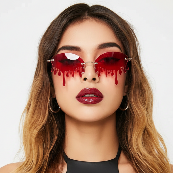 Queer femme with wavy ombre hair in bold red drip Tear Drop Sunglasses, dark red lipstick, hoops