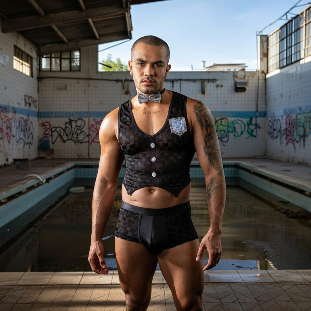 Front-facing model in a black sheer mesh tuxedo vest, bow tie, and briefs