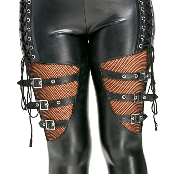 Close-up front view of black faux-leather leggings with fishnet thigh panels and buckle straps