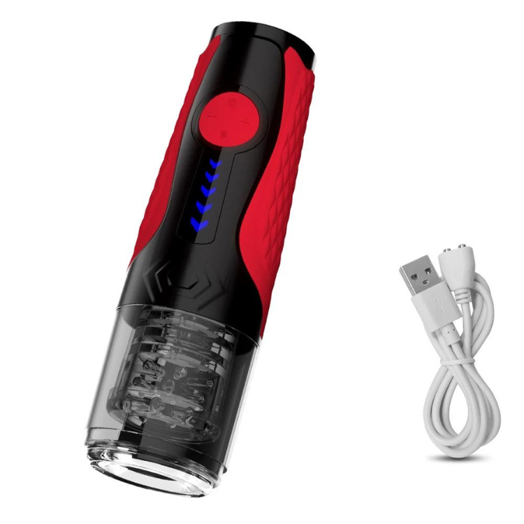 Black-and-red rotating masturbator with transparent chamber and USB charging cable