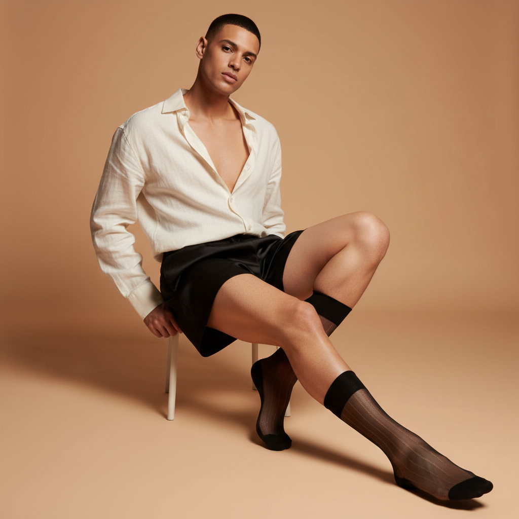 Person in cream open-collar shirt, black shorts, and Temptation Toe Tease Mesh Socks sits cross-legged on a chair