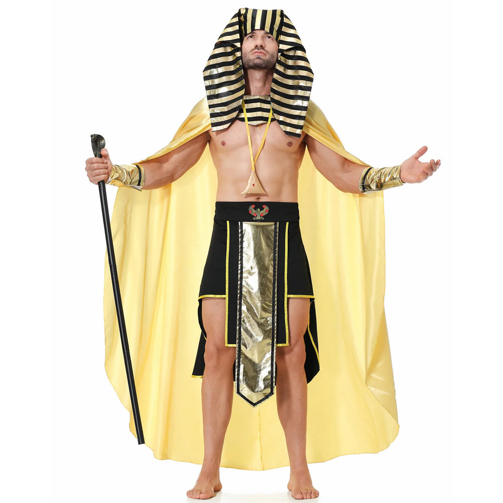 Front-facing model wearing a striped pharaoh headdress, gold cape, skirt, cuffs, and holding a staff