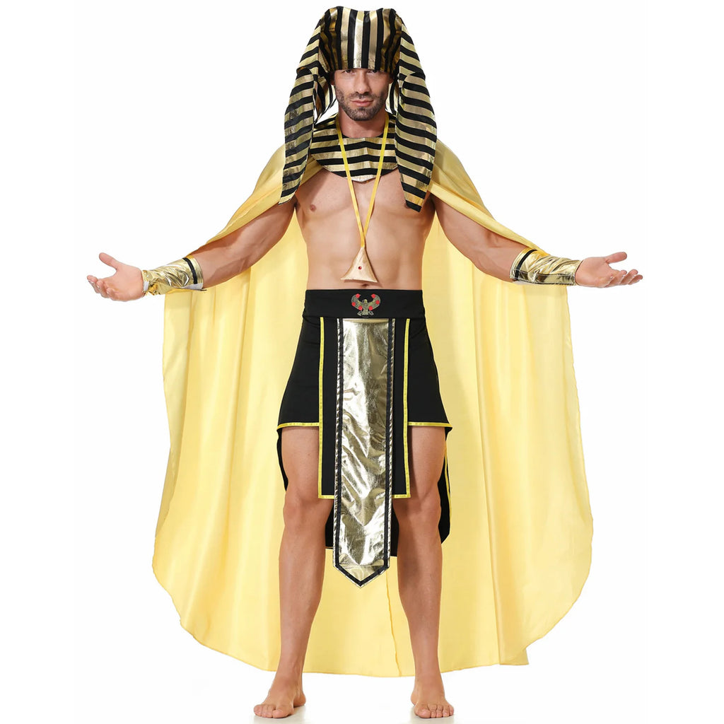 Front-facing model wearing a black-and-gold pharaoh costume with cape and exposed torso