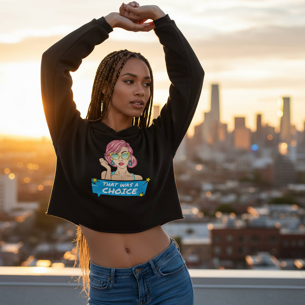 That Was A Choice Crop Hoodie with a cartoon pink-haired person and the phrase stands out on a rooftop at sunset