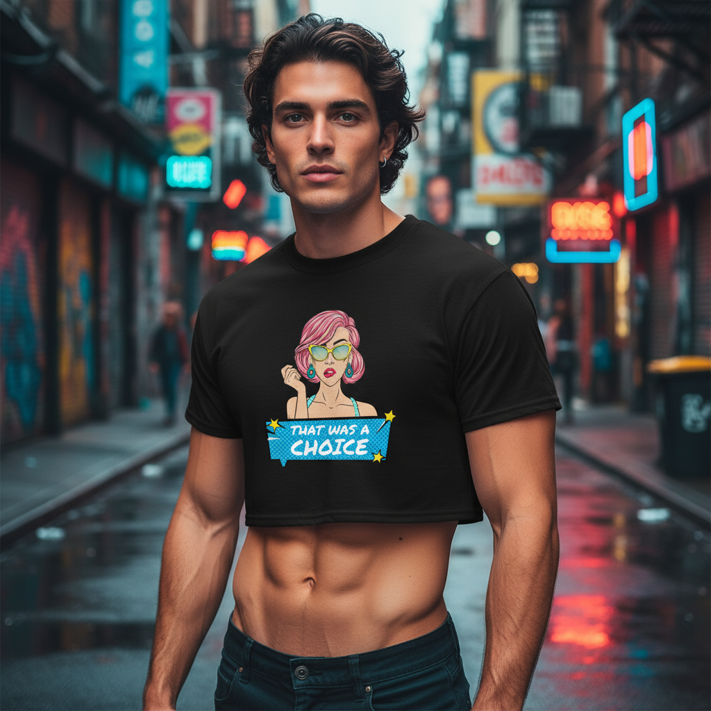 “That Was A Choice Crop Top” with bold blue and yellow text and a cartoon femme in pink hair; queer city alley