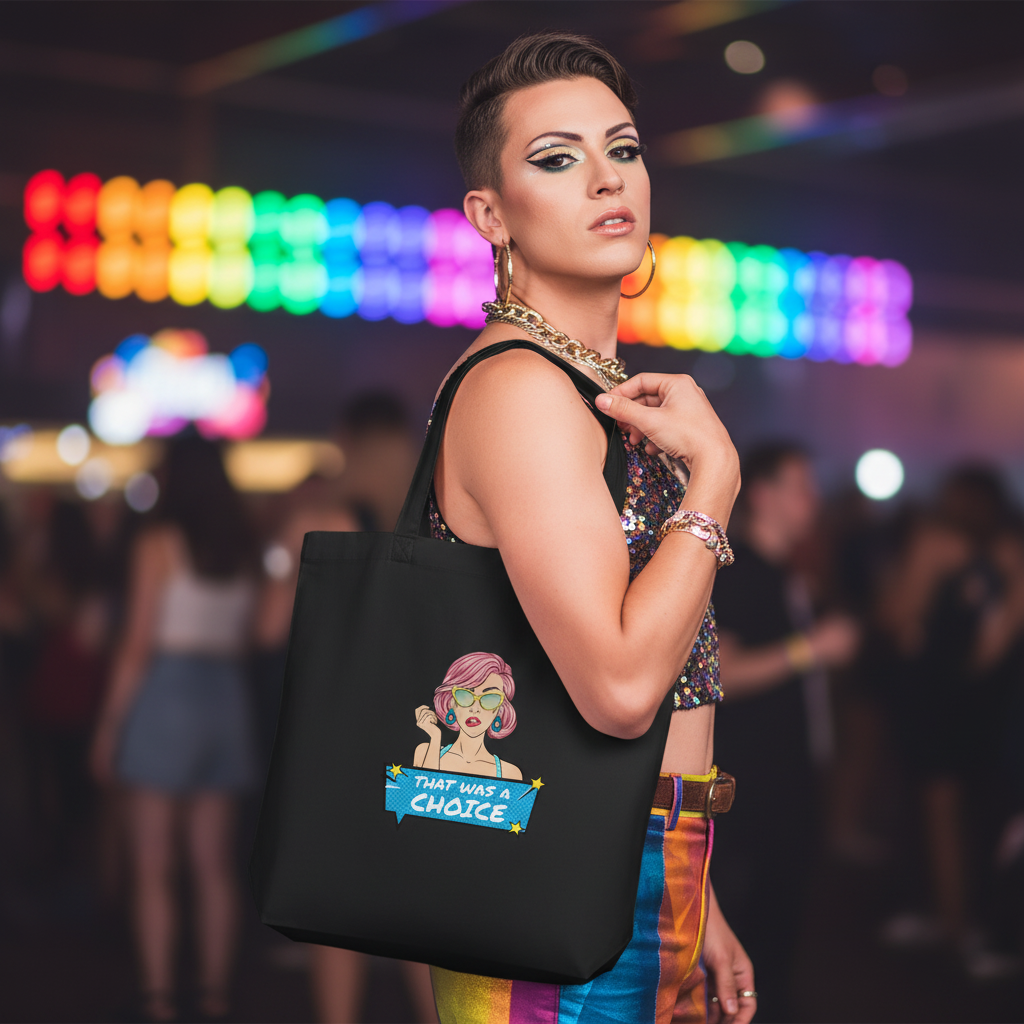 That Was A Choice Eco Tote Bag with a cartoon in sunglasses and That was a choice