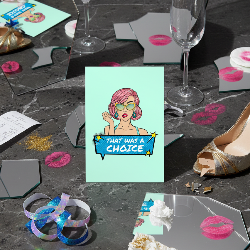 “That Was A Choice” postcard with a pop art person, gray background, broken mirrors, lipstick prints, heels