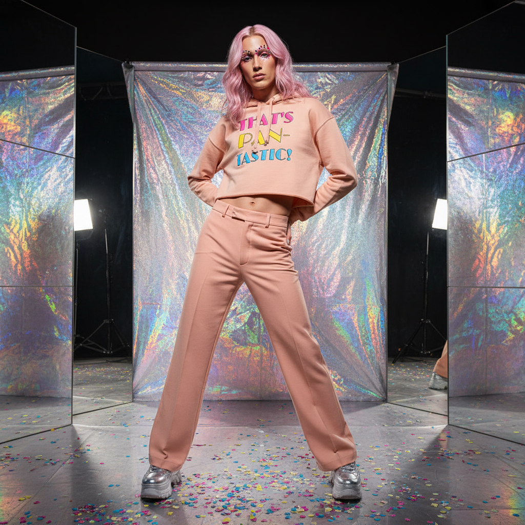 That's Pan-Tastic! Crop Hoodie pops against peach pants on a femme with pastel pink hair, silver kicks