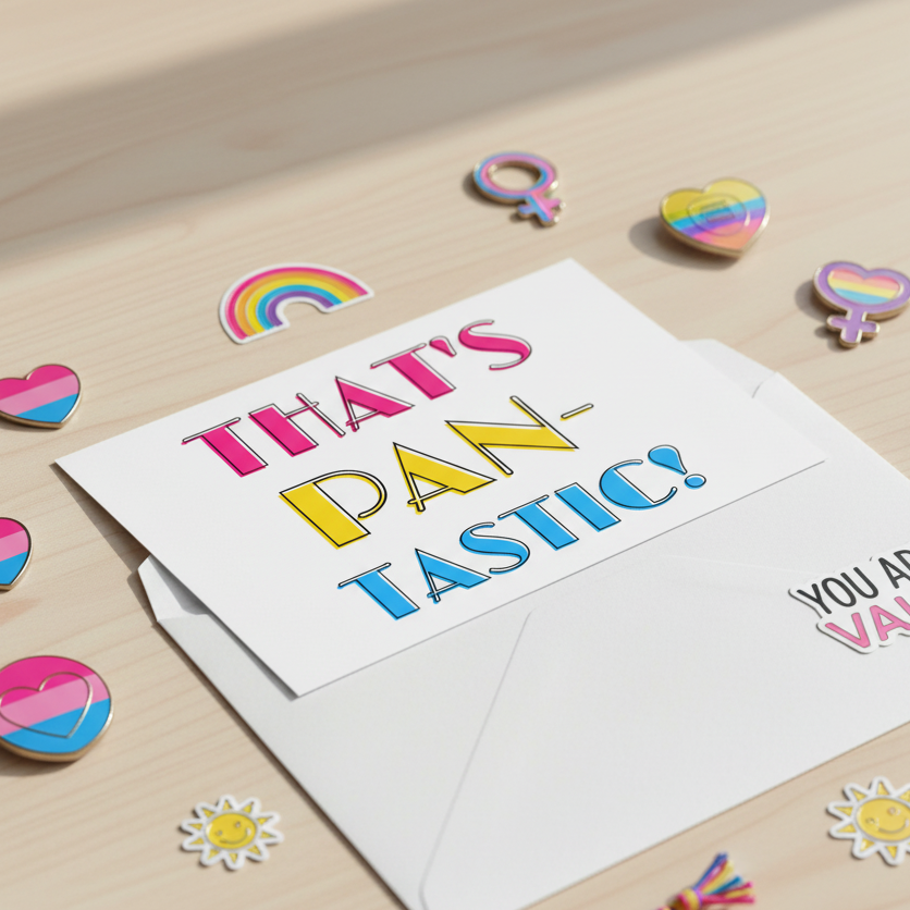 Postcard reads "THATS PAN-TASTIC!" in blue, yellow, and pink pansexual flag colors
