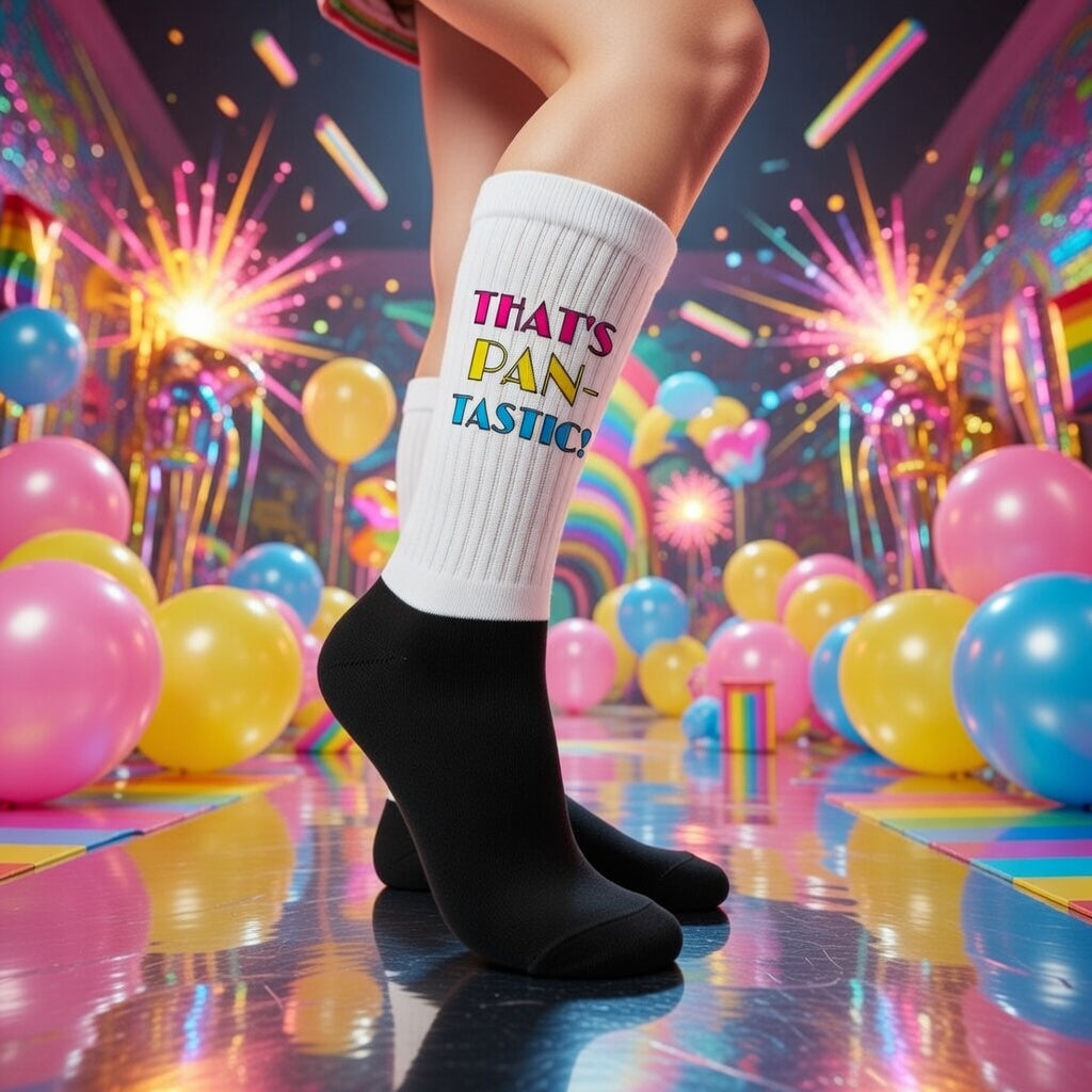 Crew socks with a white upper and vibrant "THAT'S PAN-TASTIC!" slogan, worn at a queer party scene with balloons, rainbows