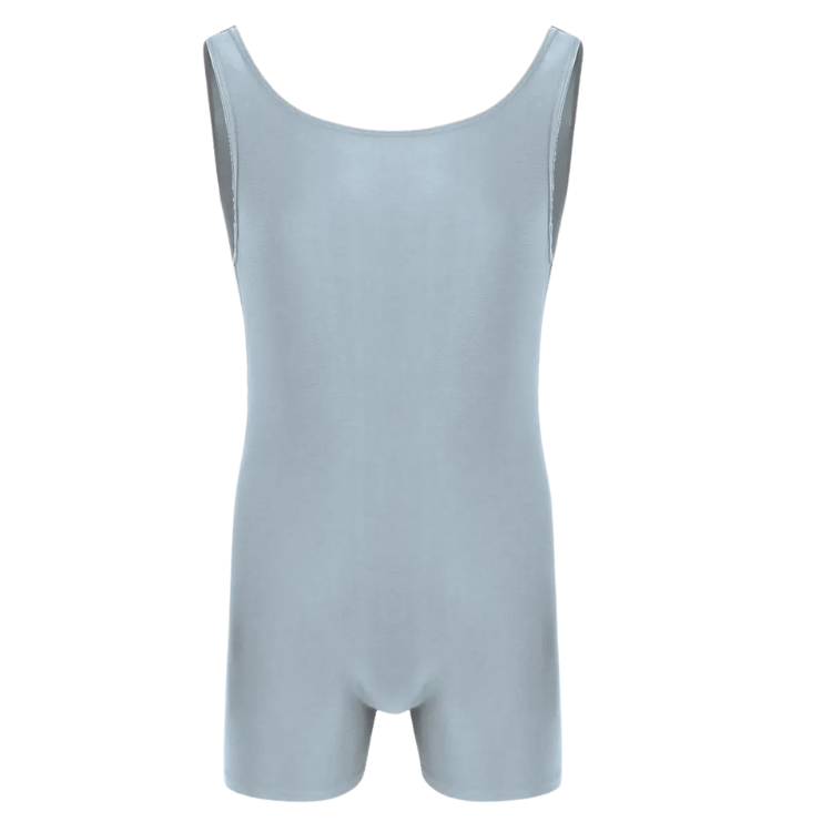Front view of a light blue sleeveless leotard with a scoop neckline and short legs