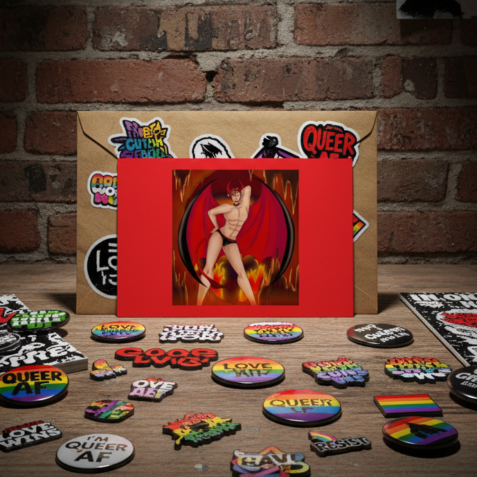 Red postcard showing a devilish winged figure in a fiery scene, surrounded by Pride buttons