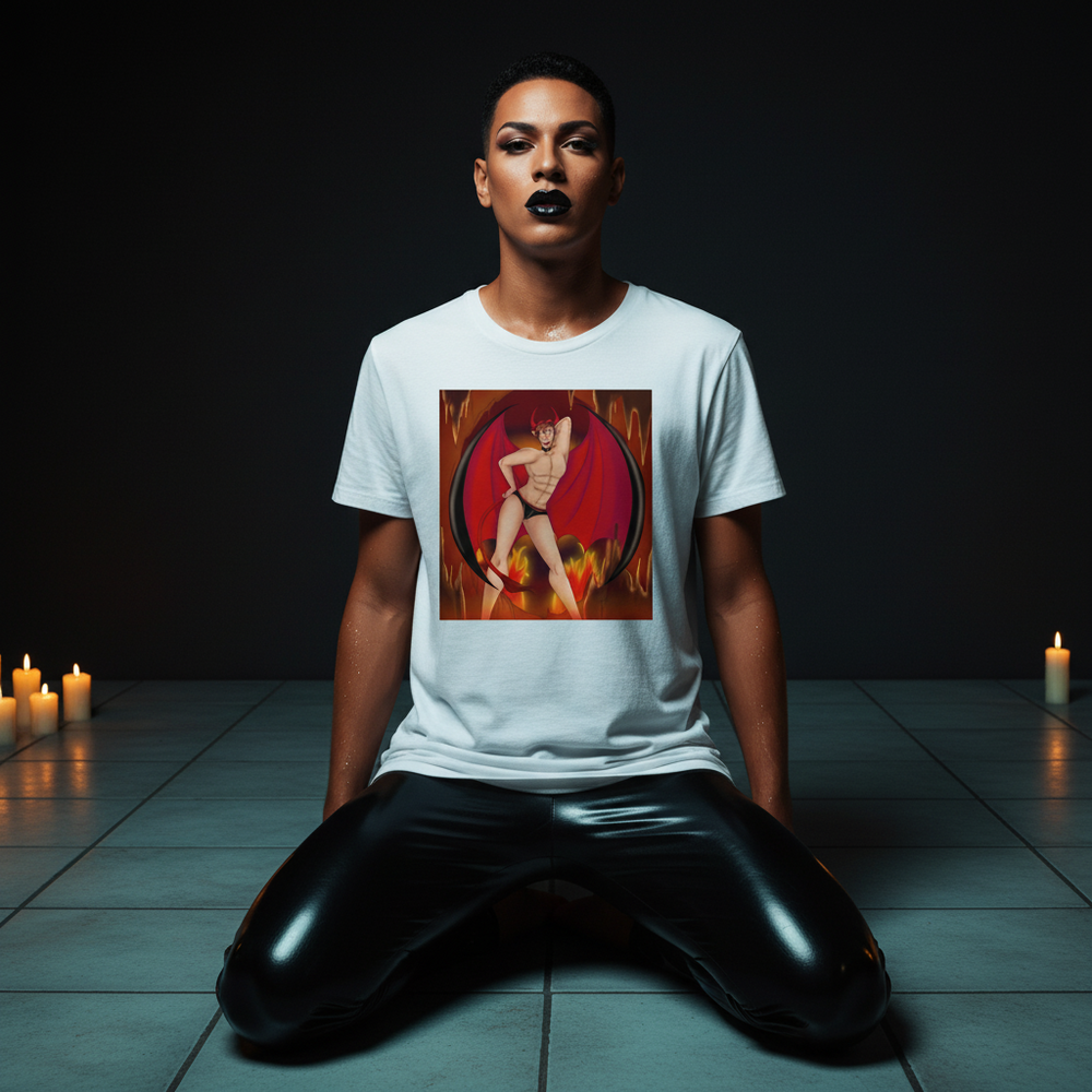 The Demon of Homosexuality Unisex T-Shirt with a red superhero in flames, worn with shiny black pants, bold makeup