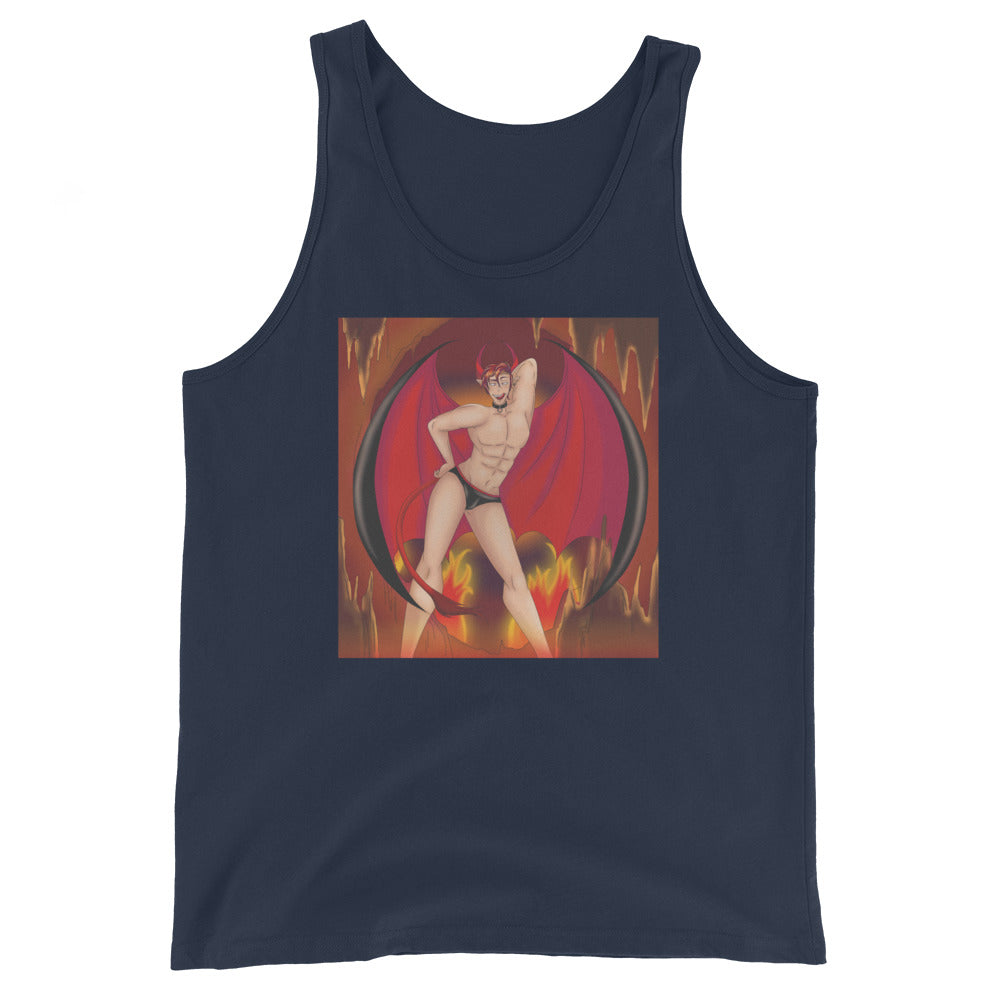 Unisex tank top in navy with a vibrant, shirtless red devil—horns, black briefs, bat wings