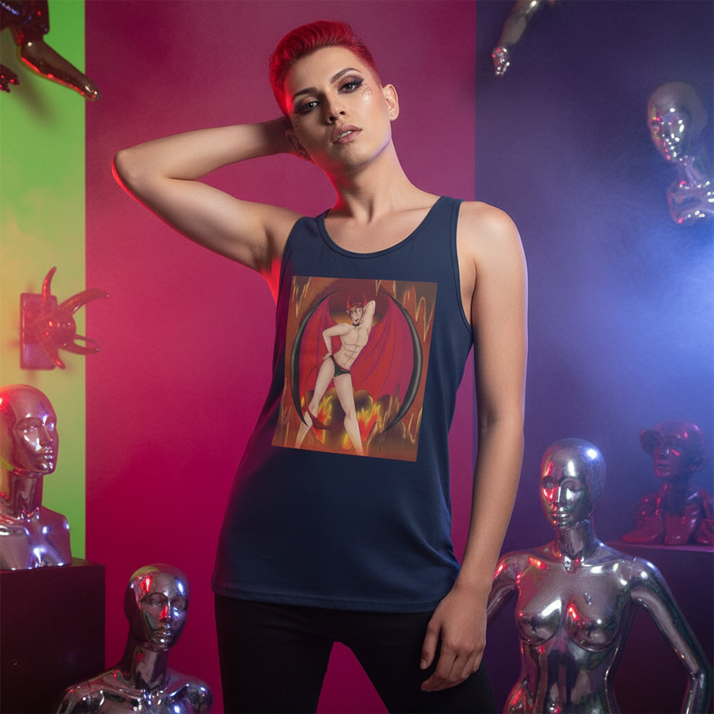 The Demon Of Homosexuality unisex tank top modeled by a person with short red hair, bold makeup, silver mannequins