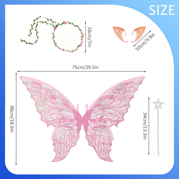 Size diagram showing pink butterfly wings, flower vine headband, elf ears, and star wand