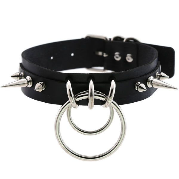 Black leather-style spiked collar with silver rings and a rear buckle