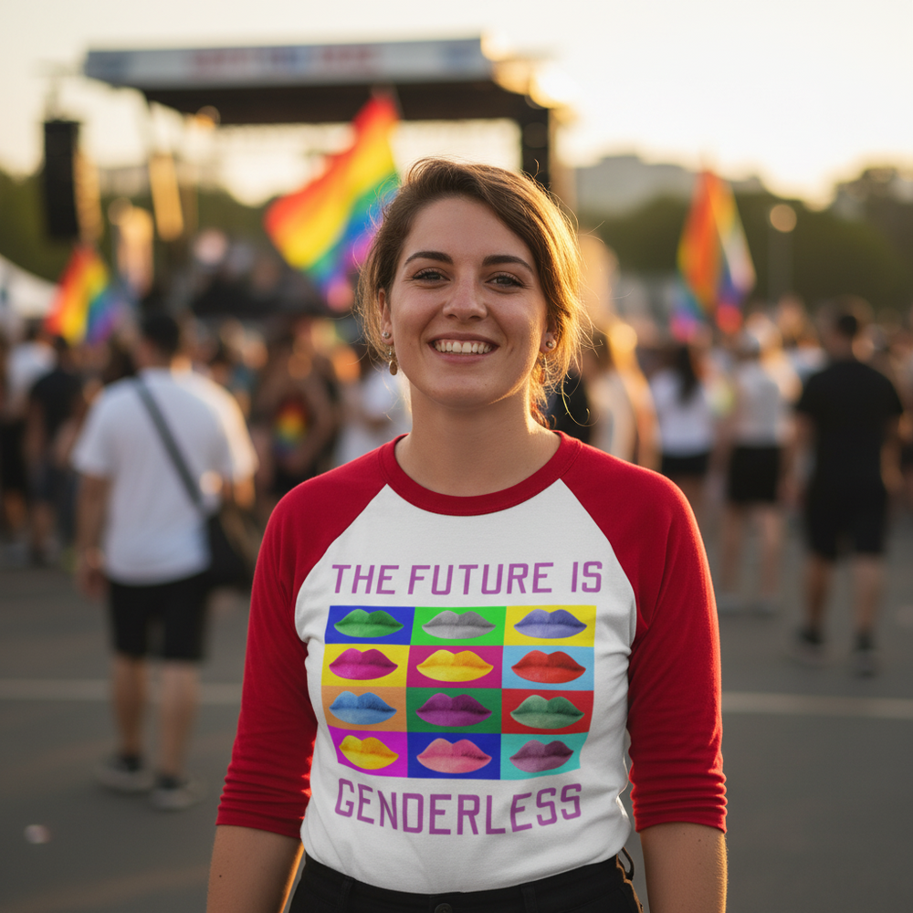 Smiling person wears a red-sleeve shirt reading “THE FUTURE IS GENDERLESS” at a Pride event