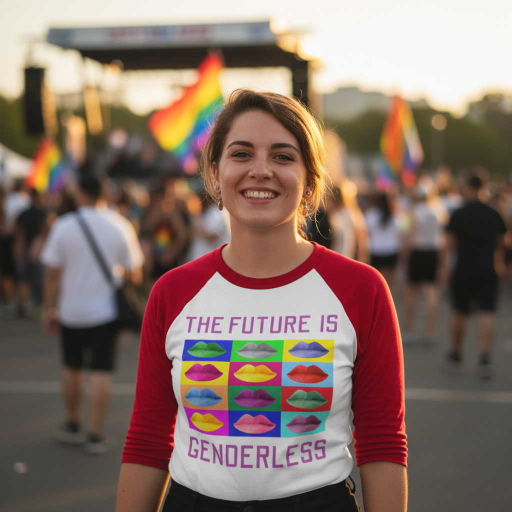 Smiling person wears a red-sleeve shirt reading “THE FUTURE IS GENDERLESS” at a Pride event