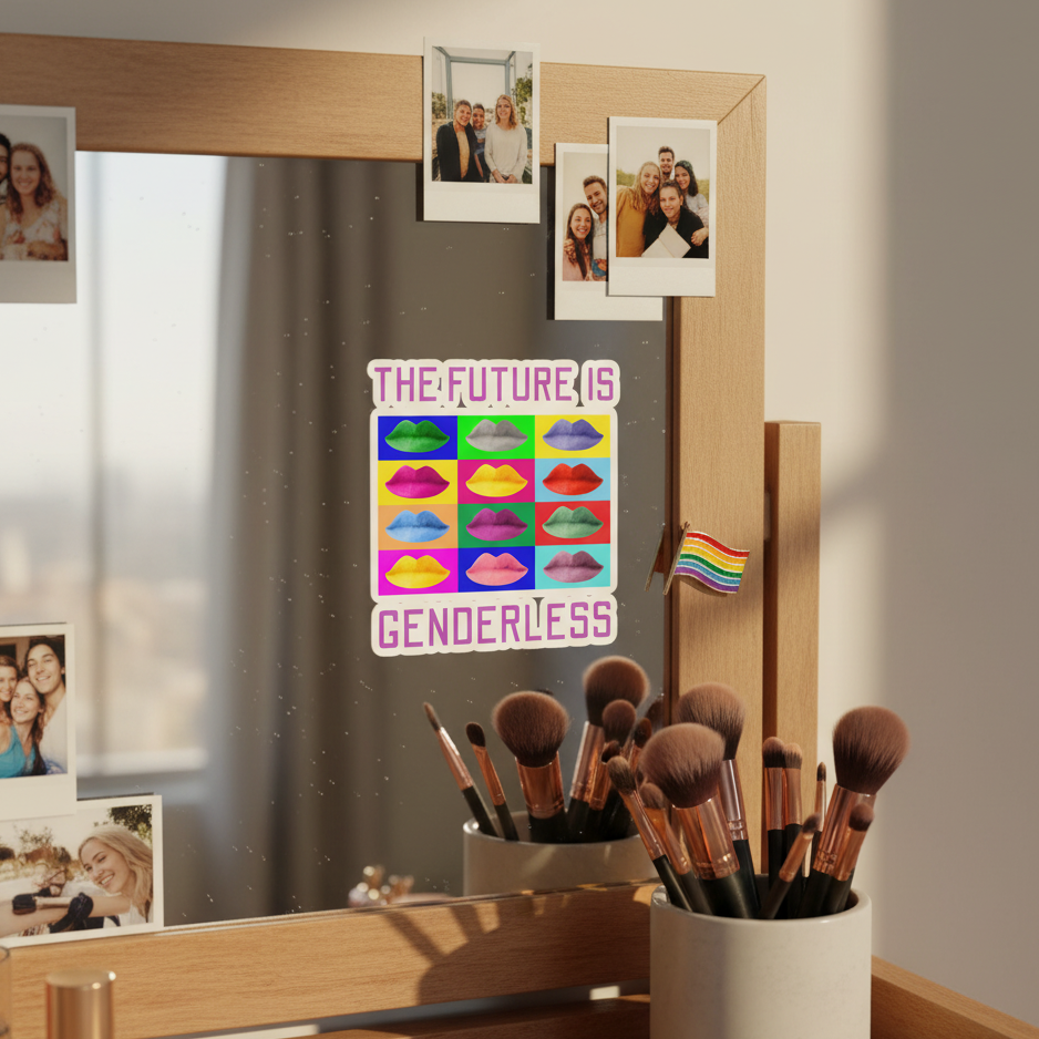 Bubble-free vinyl sticker with bold, colorful lip rows and the slogan “The future is genderless.” Perfect