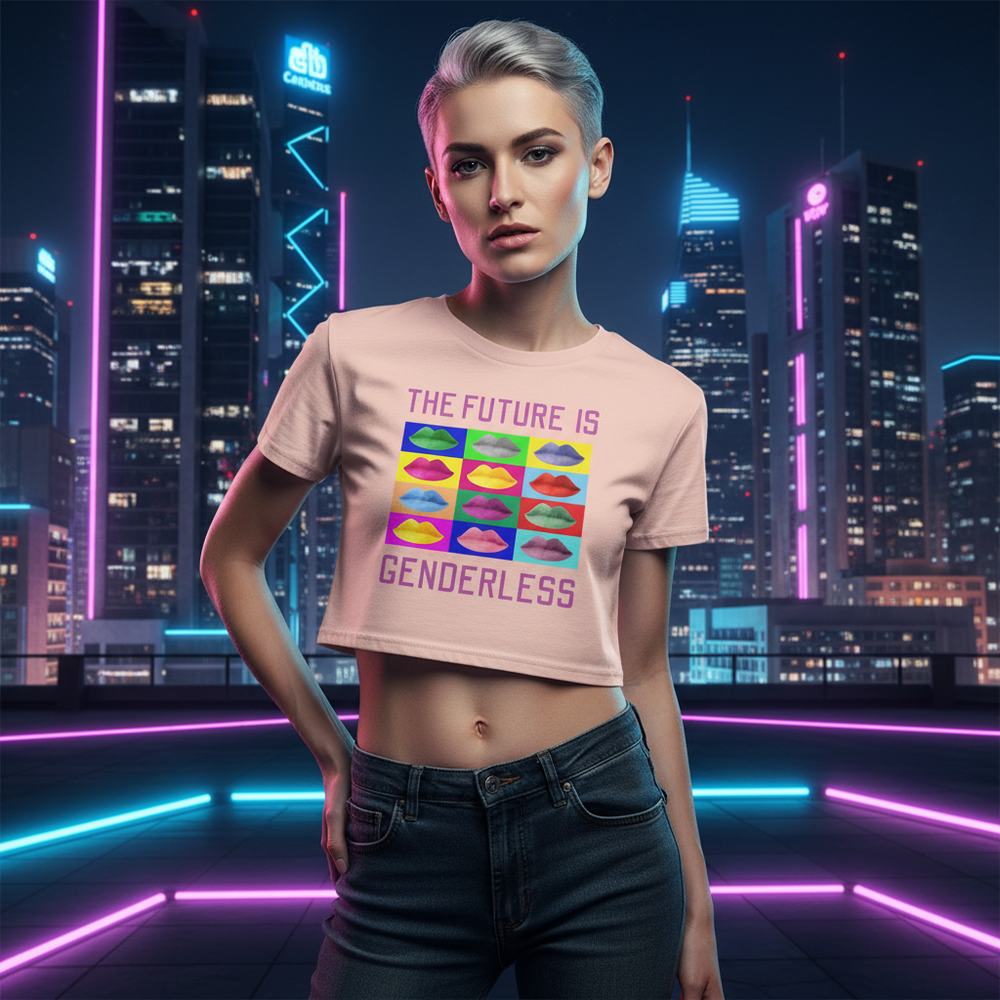 The Future Is Genderless crop top with rainbow lips and bold slogan